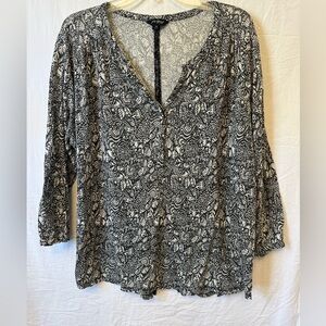 Lucky Brand Paisley Boho Peplum Top Black & Cream 1X